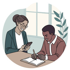 Two people collaborating at a table, one using a phone.