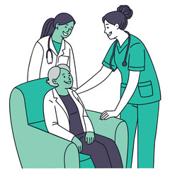 Two nurses caring for an elderly patient in a chair.