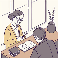 Two people discussing a book at a desk.