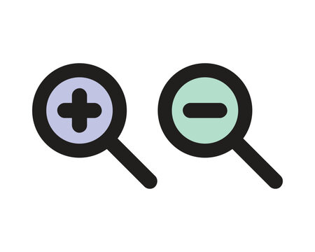 Zoom In and Zoom Out Icons with Purple and Green Magnifying Glasses for Digital Viewing Interfaces &ndash; High Quality Vectorial Stock Image