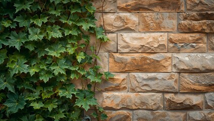 Obraz premium Elegant Ivy Climbing on Textured Stone Wall in Natural Light