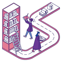 Two people working in a library with a conveyor belt.