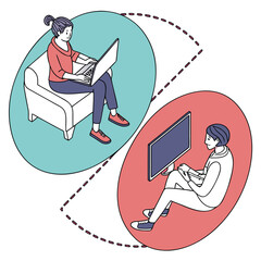 Two people working remotely on laptops and computers.