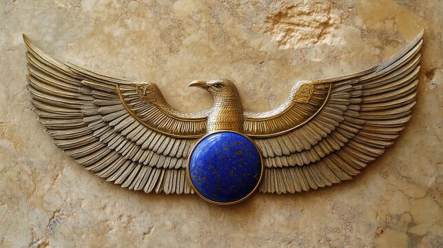 Zoroastrian Faravahar symbol, winged disk, rendered in polished gold and inlaid lapis lazuli, wings trail ethereal, harmless fire, ancient relic