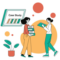 Two women collaborating on a case study with books and tablet.