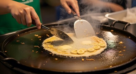 Close-up of street vendor hands cooking traditional Thai banana roti pancake on a hot griddle.