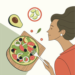 Woman enjoying a healthy avocado salad with fresh ingredients.