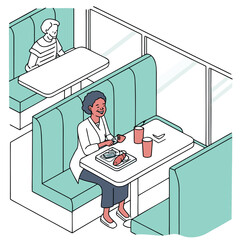 Woman eating meal in restaurant booth.