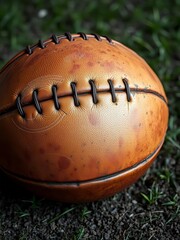 Obraz premium Aged leather football with worn seams and scuffs, hinting at past games, seams, worn texture