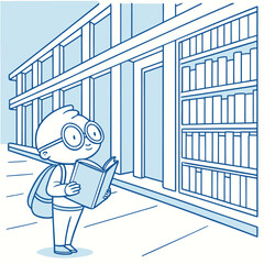 Young boy with glasses reading a book outside.