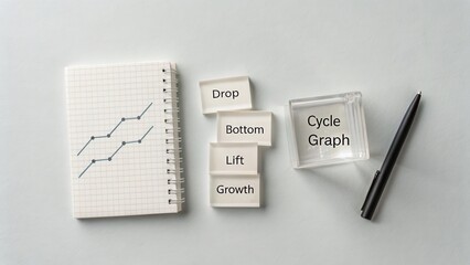 Business Growth Analysis with Cycle Graph, Drop, Bottom, Lift, and Growth Concepts on Notepad and Pen