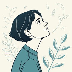 Young woman looking up with a gentle smile surrounded by nature elements.