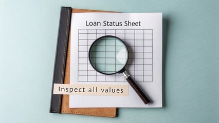 Detailed Loan Status Sheet with Magnifying Glass for Financial Inspection and Analysis of Values on Soft Blue Background