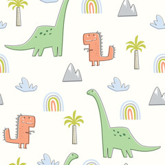 A whimsical seamless vector pattern featuring hand-drawn dinosaurs, rainbows, and palm trees. Ideal for nursery decor, textile, wrapping paper, cover, apparel, wallpaper, baby shower and stationery