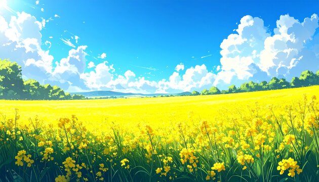 Beautiful Anime Style Landscape Background Featuring a Vast Field of Blooming Rapeseed Flowers Under a Clear Blue Sky with Cumulus Clouds