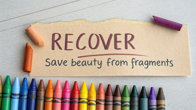 Creative workspace with colorful crayons and motivating message about recovery and beauty from broken pieces of art