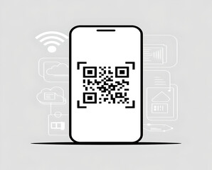 A smartphone equipped with a QR code scanning screen and digital service icons.