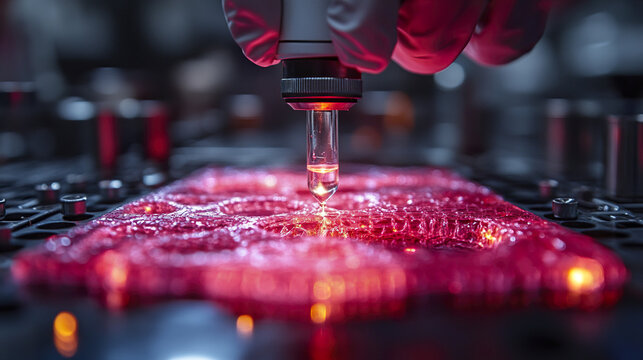 Bioprinting technology creating detailed red tissue structure with precise light curing, showcasing advanced medical research and innovative 3D printing in laboratory environment