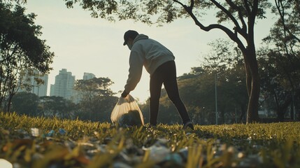 Dedicated individual cleaning up litter in green park for environment protection