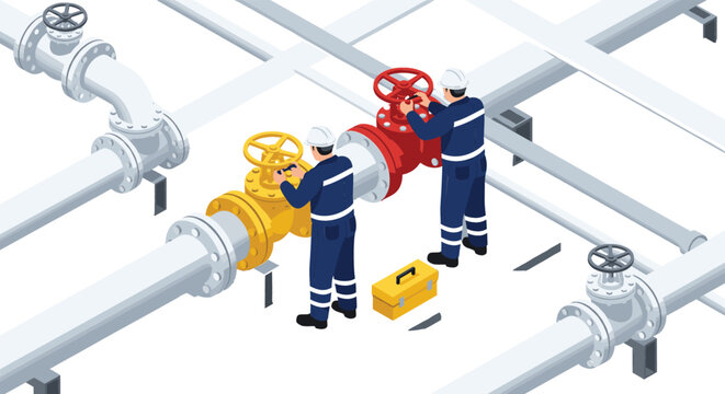 Isometric industrial workers in uniforms repairing oil and gas pipeline valves with tool box isolated on white background vector.