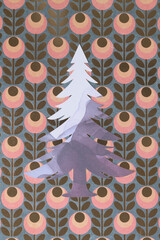 stylized holiday tree machine-cut from marbled paper on a bold geometric pattern background