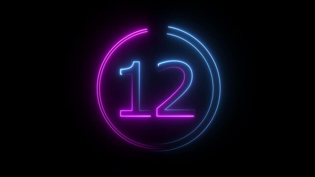 A dynamic circular animation, and glowing neon number 12 animation . on a black background. and creating a stunning video.4k video