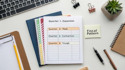 Fiscal Pattern Analysis Sheet with Organized Stationery Items on a Desk for Economic Study and Planning