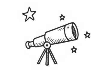 Telescope doodle icon observing stars and space, exploring astronomy and science, observing planets and galaxies, transparent background