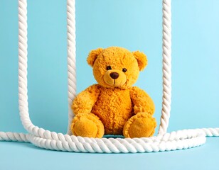 A cute, golden-brown teddy bear is nestled within a white rope swing against a vibrant, light-blue background