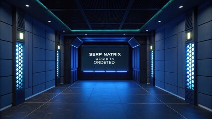 Futuristic Digital Data Hall with Display Screen Featuring SERP Matrix Results Ordered in Neon Blue and Black Environment