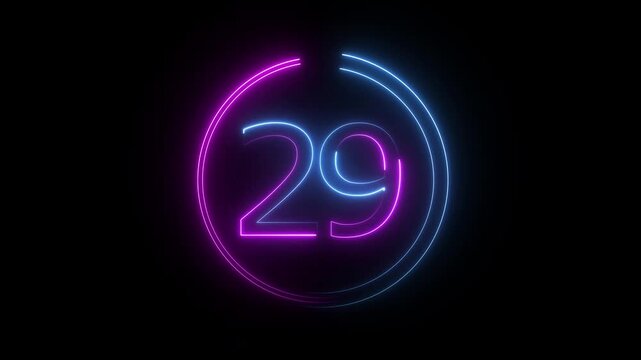 A dynamic circular animation, and glowing neon number 29 animation . on a black background. and creating a stunning video.4k video