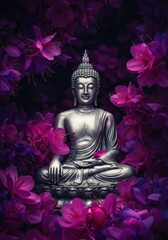 Fototapeta premium Buddha Statue Amidst Vibrant Purple Flowers