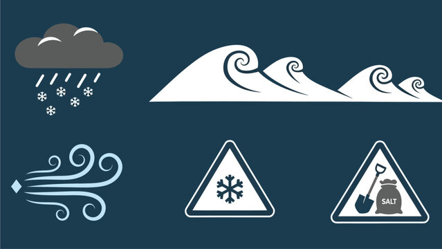 Vector collection of essential winter weather and road condition warning icons, depicting snow, rain, wind, ice, and salt application for safety awareness