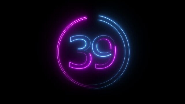A dynamic circular animation, and glowing neon number 39 animation . on a black background. and creating a stunning video.4k video