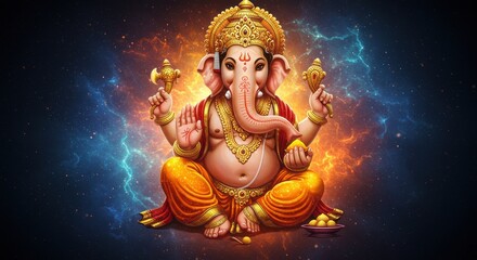 Vibrant Lord Ganesha Deity on Cosmic Nebula Background