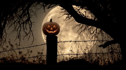 Spooky scene with a carved pumpkin atop a post silhouetted against a full moon, with bare tree branches and barbed wire