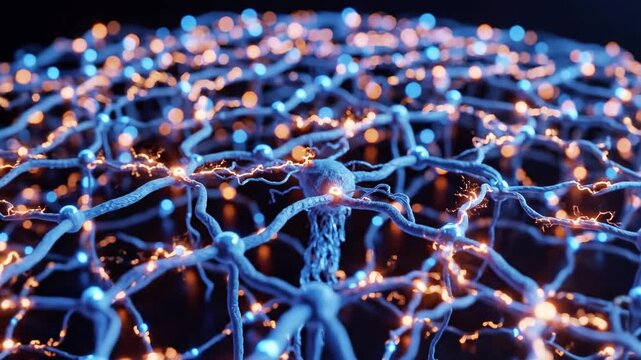 A 3D rendering of interconnected neurons with glowing blue and orange synapses and cell bodies against a dark background