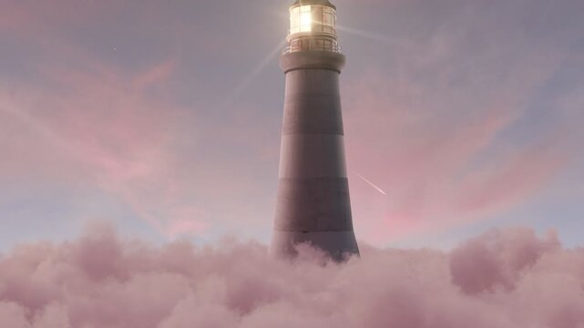 Animation of an illuminated lighthouse over fluffy pink clouds