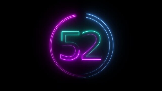 A dynamic circular animation, and glowing neon number 52 animation . on a black background. and creating a stunning video.4k video