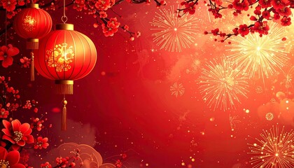 Chinese New Year Lanterns Fireworks Red Background