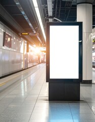 Vertical digital screen mockup with blank white display in a modern train station interior for advertising