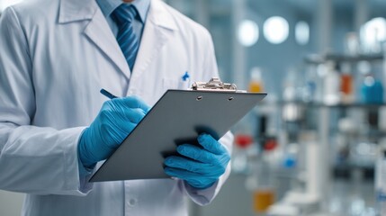 Scientist Analyzing Data with Clipboard in Laboratory Setting