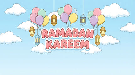Ramadan Kareem greeting with balloons and lanterns in a cloudy sky.