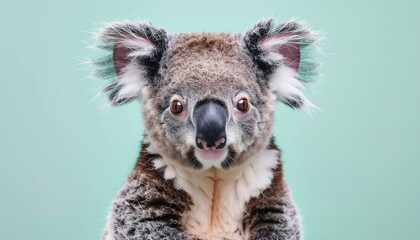 Obraz premium Cute Koala Bear Portrait, Australian Wildlife, Soft Green Background