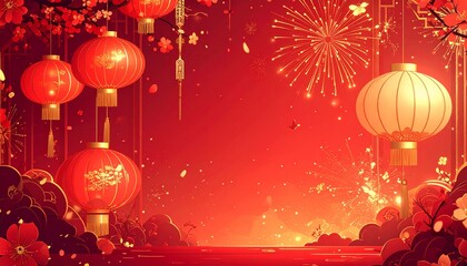 Chinese New Year Red Lanterns Fireworks Celebration Background