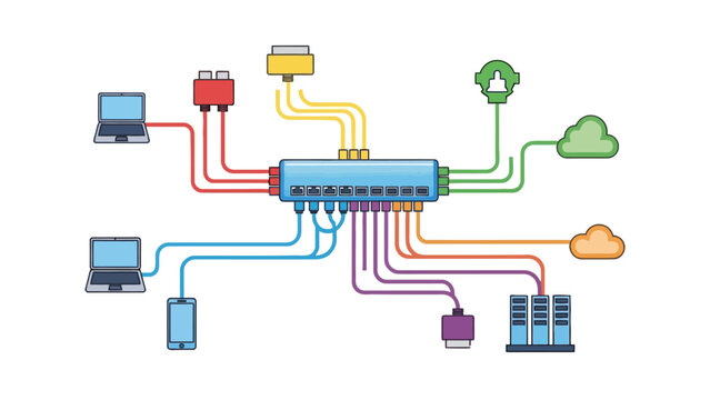 Network diagram illustrating devices connected to a central networking switchhub