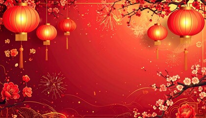 Chinese New Year red lanterns and flowers background
