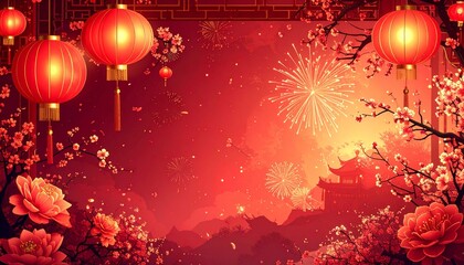 Chinese New Year Background with Lanterns and Fireworks