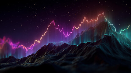 Cosmic Peaks: A mesmerizing visual of neon-colored graphs and patterns surging across mountain ranges under a starlit night sky, creating a vibrant representation of abstract data.