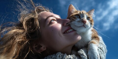 Woman and Cat Beneath Blue Sky Captivating Photography